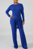Blue Casual Solid Bandage Split Joint O Neck Long Sleeve Two Pieces