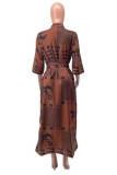 Brown Fashion Casual Print With Belt V Neck Outerwear