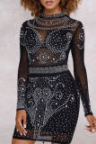 Black Sexy Solid Patchwork See-through Hot Drill O Neck A Line Dresses