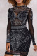 Black Sexy Solid Patchwork See-through Hot Drill O Neck A Line Dresses
