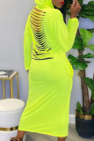 Fluorescent Green Fashion Casual Solid Ripped Hooded Collar One Step Skirt Dresses