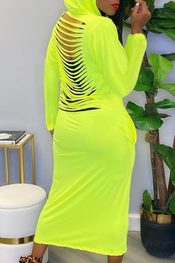 Fluorescent Green Fashion Casual Solid Ripped Hooded Collar One Step Skirt Dresses