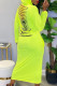 Fluorescent Green Fashion Casual Solid Ripped Hooded Collar One Step Skirt Dresses