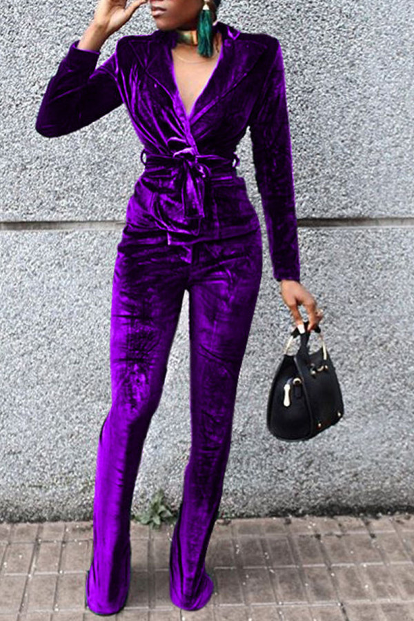 Purple Casual Solid Patchwork Turn-back Collar Long Sleeve Two Pieces