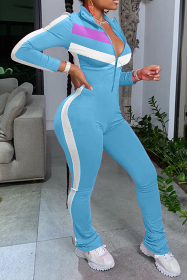 Light Blue Sexy Solid Patchwork Turndown Collar Skinny Jumpsuits