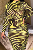 Yellow Fashion Sexy Print See-through Long Sleeve Dresses