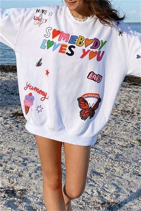 White Fashion Casual Print Basic O Neck Tops