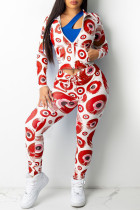 Red Fashion Casual Print Split Joint Zipper Collar Long Sleeve Two Pieces