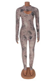 Multicolor Sexy Casual Print Hollowed Out Half A Turtleneck Long Sleeve Two Pieces