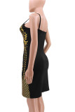 Black Sexy Casual Print Backless V Neck Sling Dress