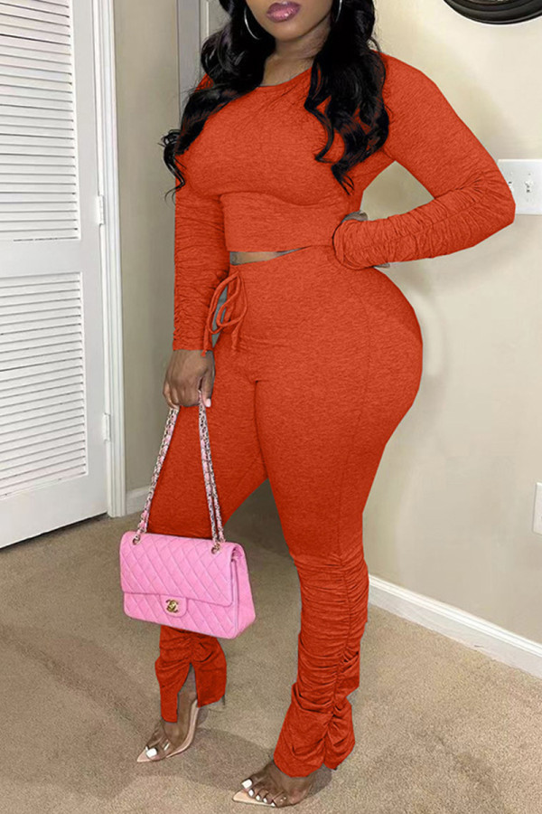 Orange Fashion Casual Solid Fold O Neck Long Sleeve Two Pieces