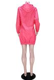 Rose Red Fashion Casual Solid Split Joint Hooded Collar Long Sleeve Dresses (Without Belt)