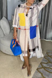 Multicolor Fashion Casual Plaid Patchwork Turndown Collar Straight Dresses