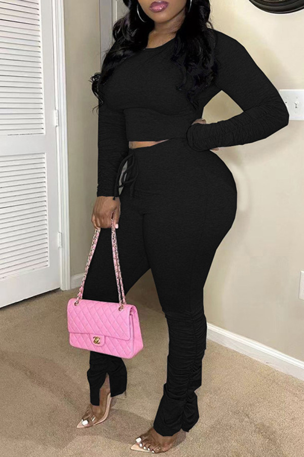 Black Fashion Casual Solid Fold O Neck Long Sleeve Two Pieces
