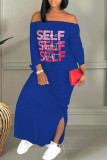 Deep Blue Casual Print Patchwork Off the Shoulder Straight Dresses