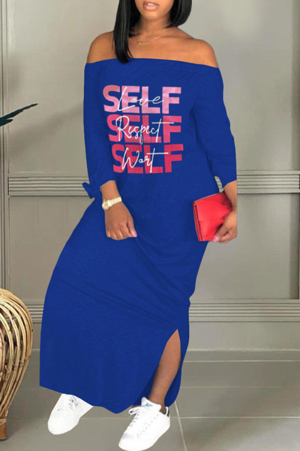 Deep Blue Casual Print Patchwork Off the Shoulder Straight Dresses