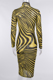 Yellow Fashion Sexy Print See-through Long Sleeve Dresses