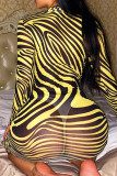Yellow Fashion Sexy Print See-through Long Sleeve Dresses