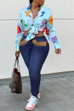 Light Blue Fashion Street Solid Tassel Plus Size Jeans