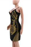 Black Sexy Casual Print Backless V Neck Sling Dress