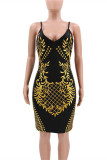 Black Sexy Casual Print Backless V Neck Sling Dress