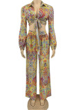 Multicolor Casual Print Bandage Patchwork Turndown Collar Long Sleeve Two Pieces