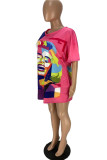Red Fashion Casual Print Basic O Neck T-shirt Dress