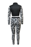 Black Fashion Sexy Print Patchwork O Neck Long Sleeve Two Pieces
