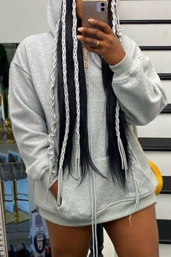 Grey Casual Solid Draw String Hooded Collar Tops