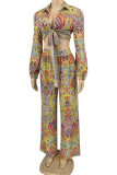 Multicolor Casual Print Bandage Patchwork Turndown Collar Long Sleeve Two Pieces