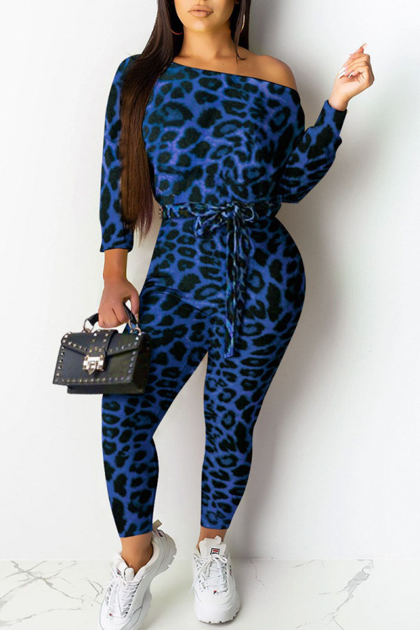 Blue Sexy Print Leopard Patchwork Off the Shoulder Skinny Jumpsuits(Contain The Belt)