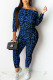 Blue Sexy Print Leopard Patchwork Off the Shoulder Skinny Jumpsuits(Contain The Belt)
