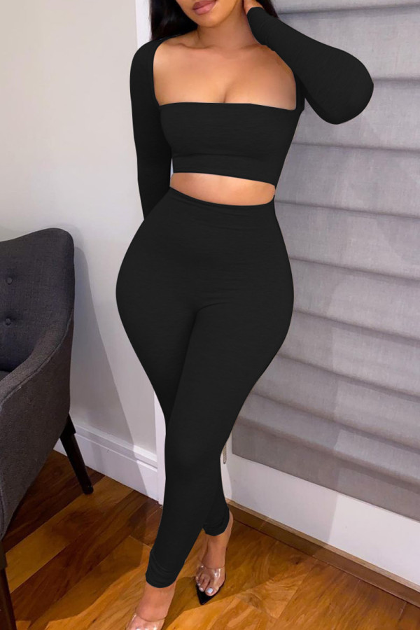 Black Sexy Casual Solid Basic Square Collar Long Sleeve Two Pieces
