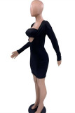 Black Sexy Casual Solid Hollowed Out Square Collar Long Sleeve Dresses