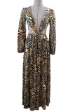 Khaki Sexy Print Hollowed Out Patchwork V Neck Long Sleeve Dresses