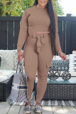 Camel Fashion Casual Solid With Belt O Neck Long Sleeve Two Pieces
