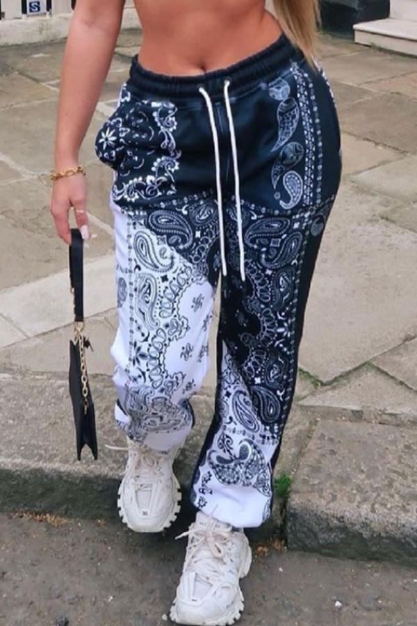 Blue Street Print Patchwork Straight High Waist Straight Positioning Print Bottoms