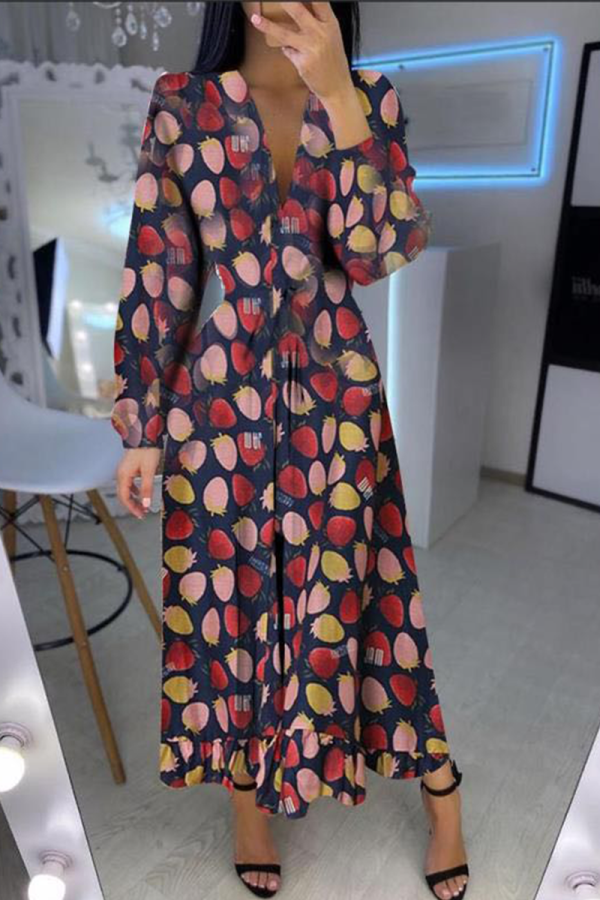 Purple Casual Print Patchwork V Neck Cake Skirt Dresses