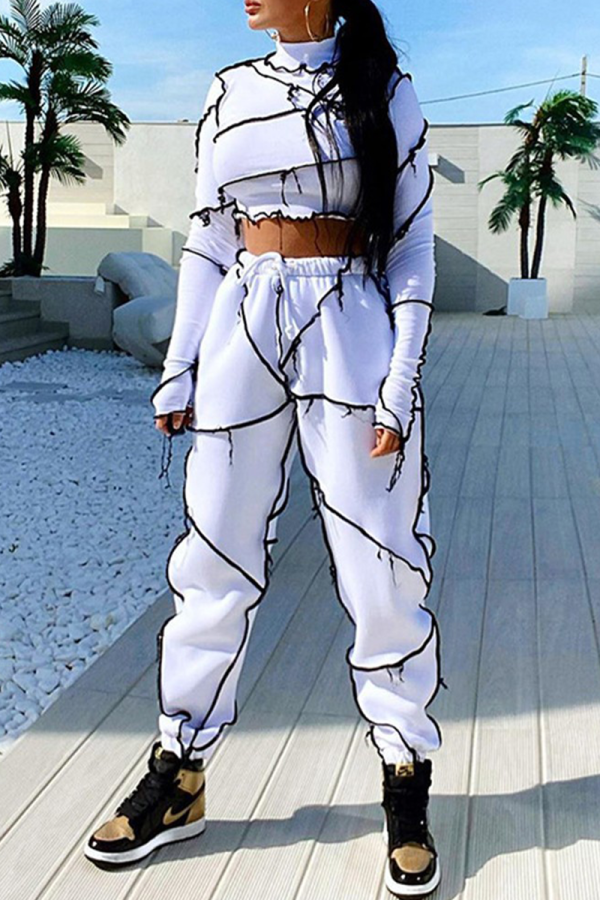 White Casual Solid Patchwork Half A Turtleneck Long Sleeve Two Pieces