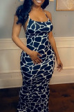 Deep Blue Fashion Sexy Print Backless Spaghetti Strap Long Dress Dresses