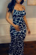Deep Blue Fashion Sexy Print Backless Spaghetti Strap Long Dress Dresses