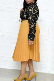 Gold Fashion Casual Print Split Joint O Neck Pleated Plus Size Dresses