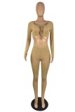 Grey Sexy Casual Solid Bandage Hollowed Out O Neck Long Sleeve Two Pieces