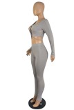 Grey Sexy Casual Solid Bandage Hollowed Out O Neck Long Sleeve Two Pieces