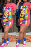 Red Fashion Casual Print Basic O Neck T-shirt Dress