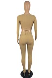 Grey Sexy Casual Solid Bandage Hollowed Out O Neck Long Sleeve Two Pieces