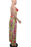 Yellow Red Sexy Print Patchwork Halter Sleeveless Two Pieces