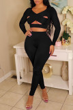 Black Sexy Solid Hollowed Out Split Joint V Neck Long Sleeve Two Pieces