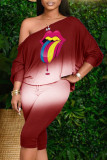 Red Fashion Casual Print Patchwork Oblique Collar Long Sleeve Two Pieces