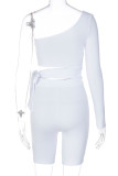 Coffee Fashion Sportswear Solid Frenulum One Shoulder Long Sleeve Two Pieces